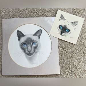 NIP Vintage Siamese Charcoal Drawing Matted Virginia Miller 10” x 10” Bonus!